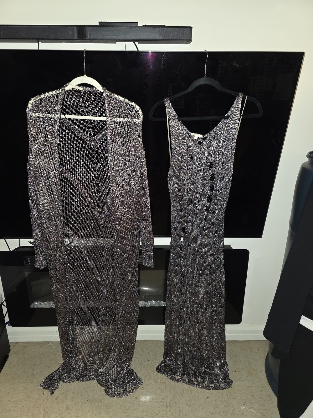 Women's Metallic Silver Knit Maxi Dress & Long Duster Set